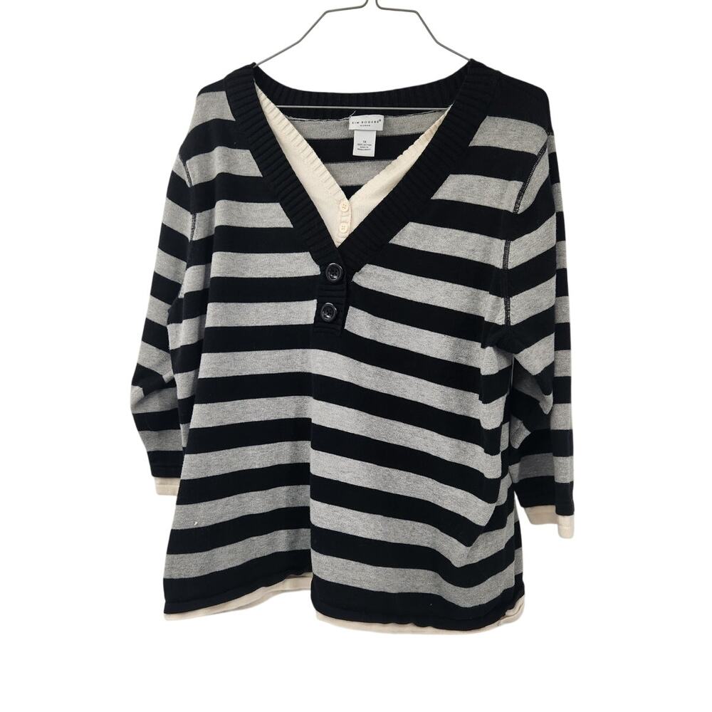 Kim Rogers Striped 3/4 Sleeve Layered Top Womens Size 1X